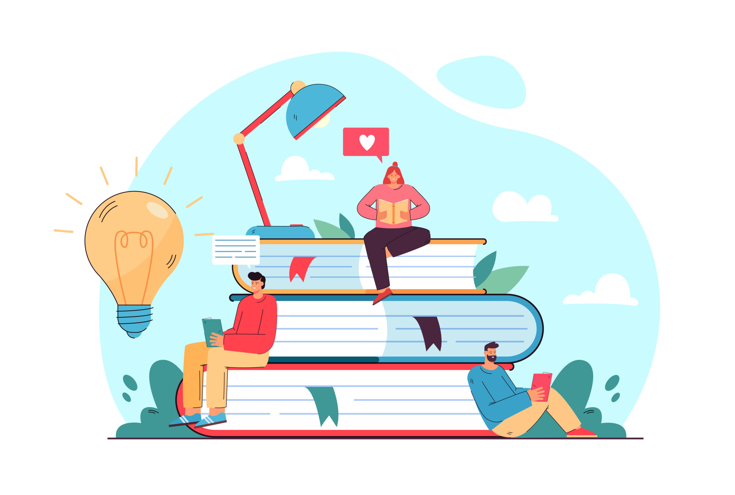 Tiny student sitting on book pile and reading flat vector illustration. Cartoon bookworm people studying and getting new knowledge. Library, literature and education concept